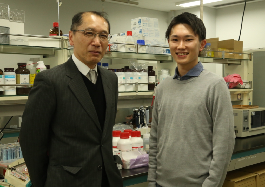 写真右：矢野教授とともに研究を行う関大河さん（食環境科学研究科食環境科学専攻　博士前期課程2年）