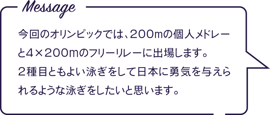 Message 今回のオリンピックでは、200mの個人メドレーと4×200ｍのフリーリレーに出場します。2種目ともよい泳ぎをして日本に勇気を与えられるような泳ぎをしたいと思います。