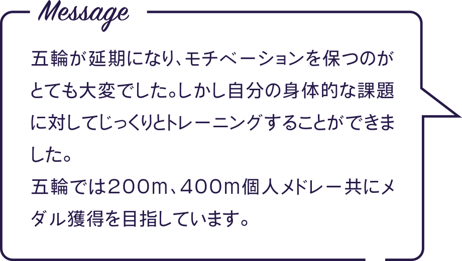 Message 五輪が延期になり、モチベーションを保つのがとても大変でした。しかし自分の身体的な課題に対してじっくりとトレーニングすることができました。五輪では200ｍ、400ｍ個人メドレー共にメダル獲得を目指しています。